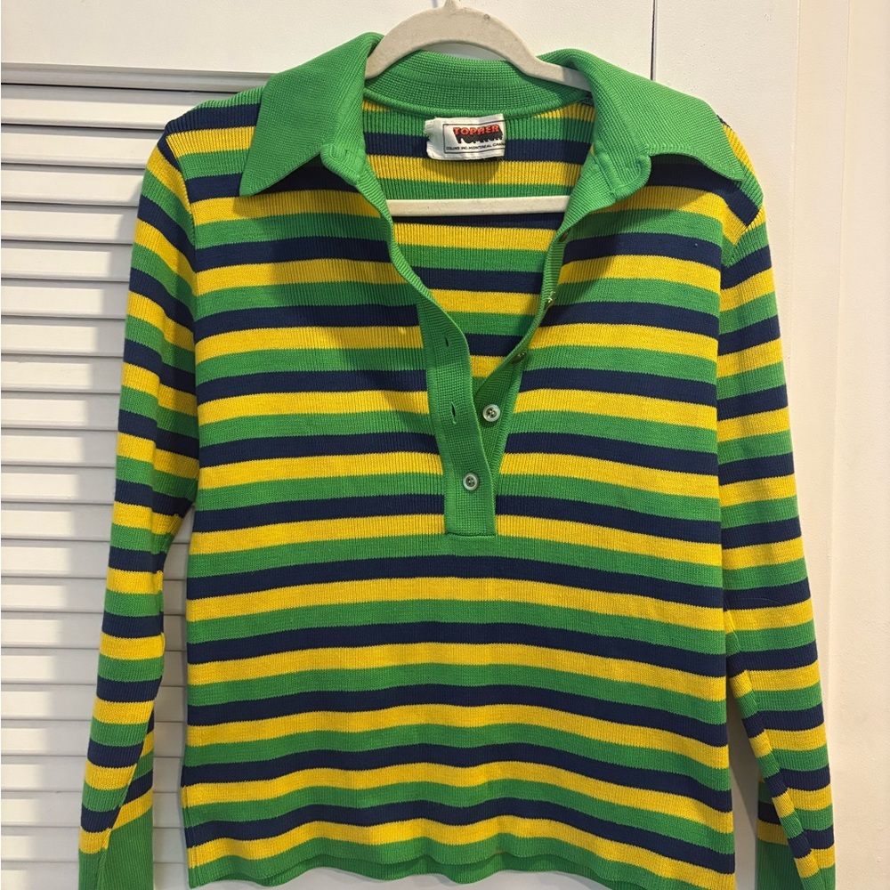 Vintage Topher Montreal Sweater Polo - Striped Green, Blue & Yellow